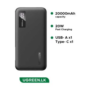 UGREEN 20000mAh 20W Power Bank – Two-way Fast Charging, 3 Ports